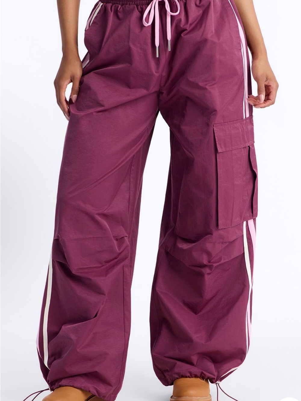 Fashion Nova Plum Cargo Track Pants with White Stripes